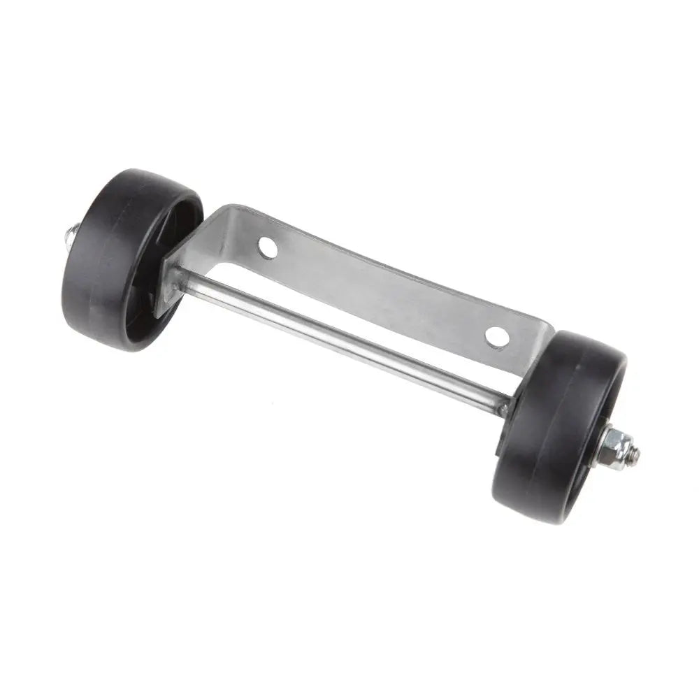 Stainless steel wheel assembly with two black wheels mounted on a metal bracket on Tampa Home & Garden Store
