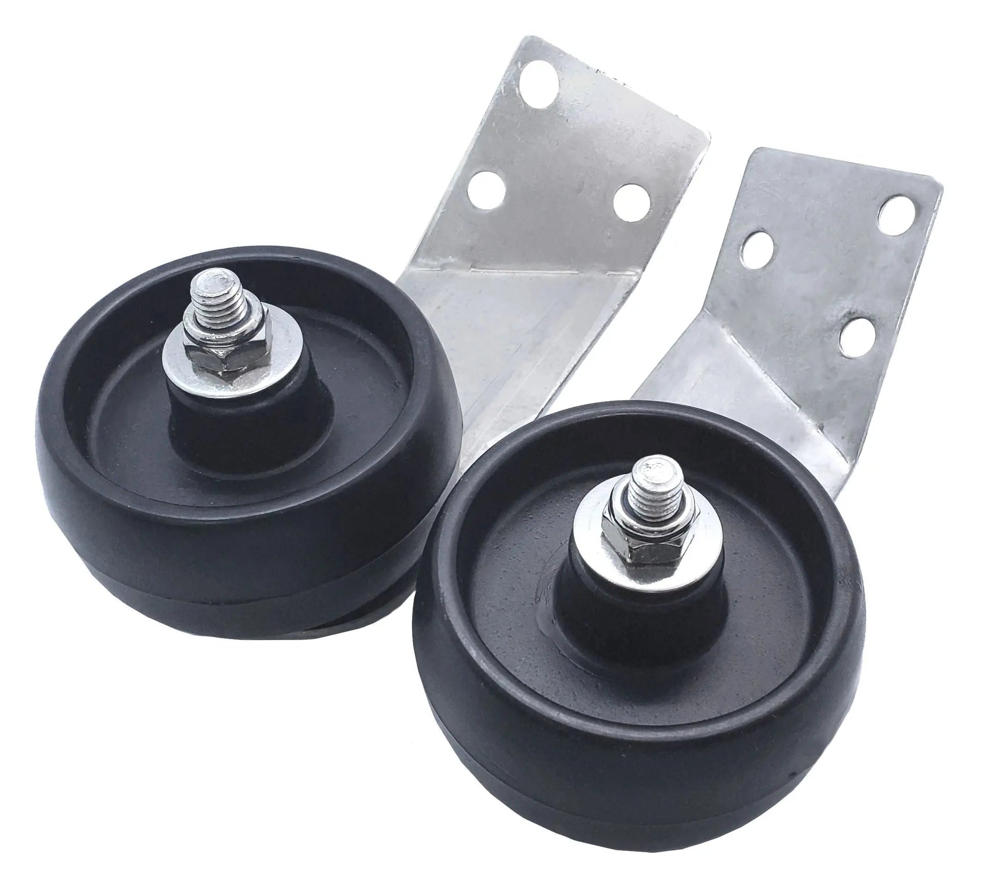 Stainless steel wheel assembly with two black wheels and mounting brackets for 01775 on Tampa Home & Garden Store
