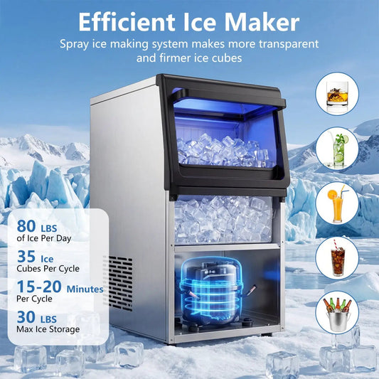Stainless steel spray ice maker by DirectDeals with 30 lbs storage and 80 lbs per day capacity on Tampa Home & Garden Store