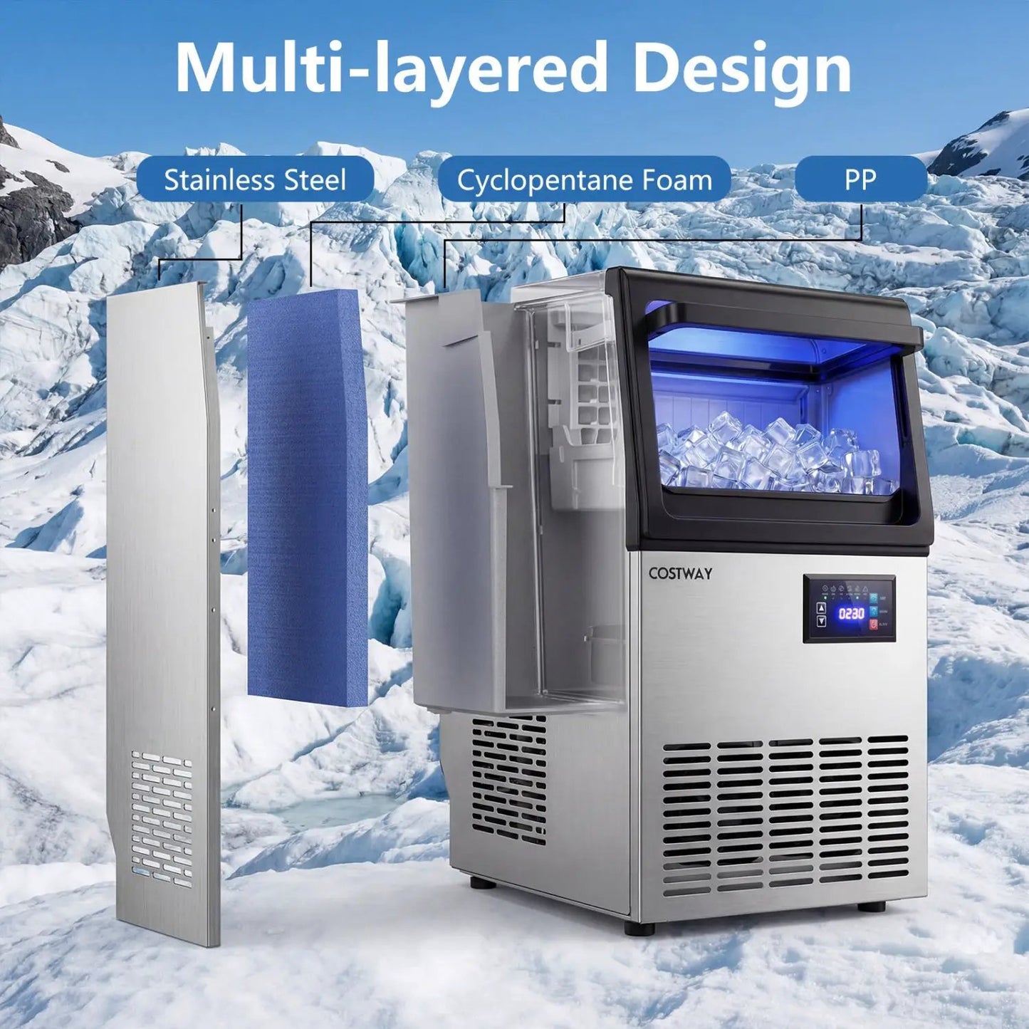 Stainless Steel Spray Ice Maker 30 lbs Storage