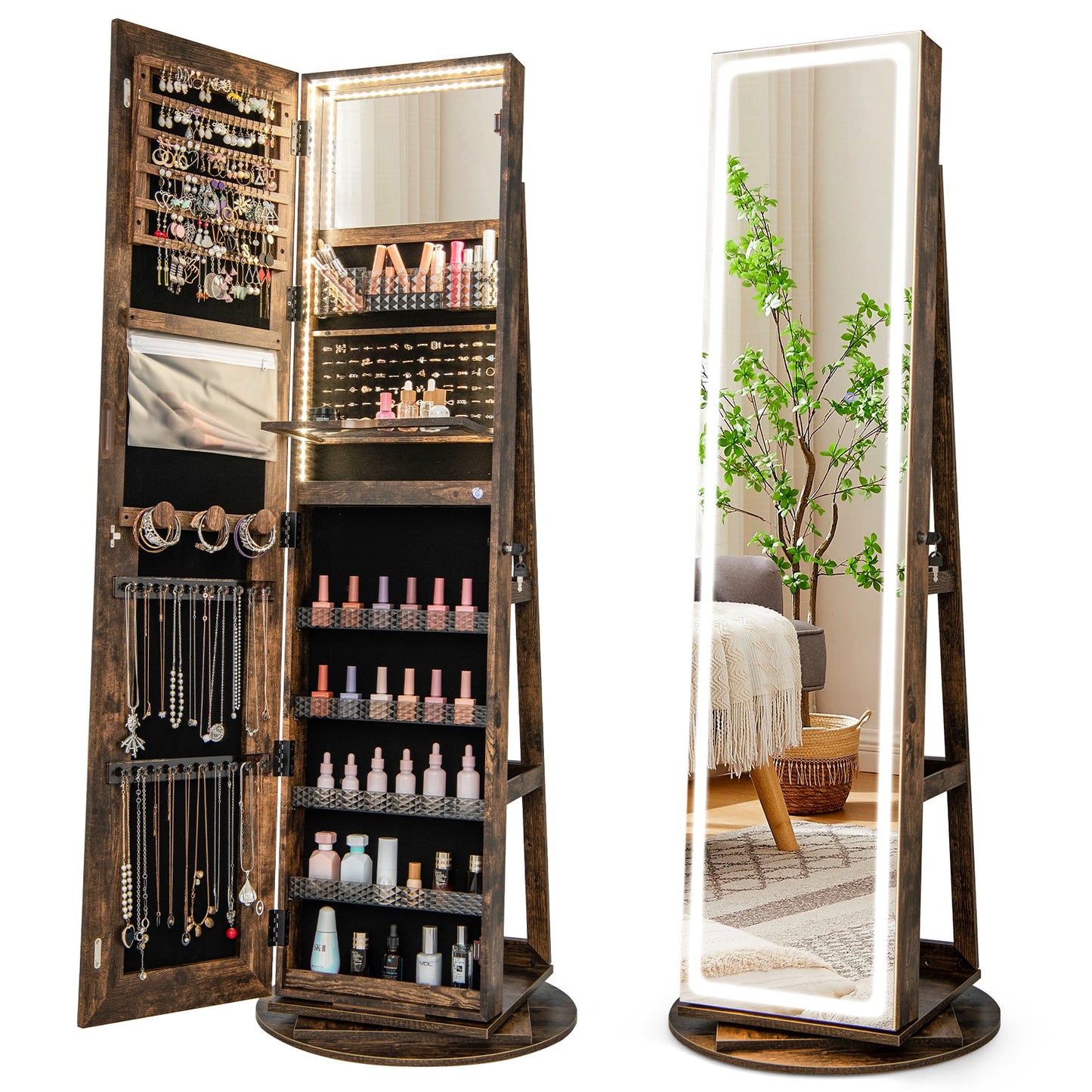 Standing Jewelry Cabinet with Adjustable LED Lights-Black