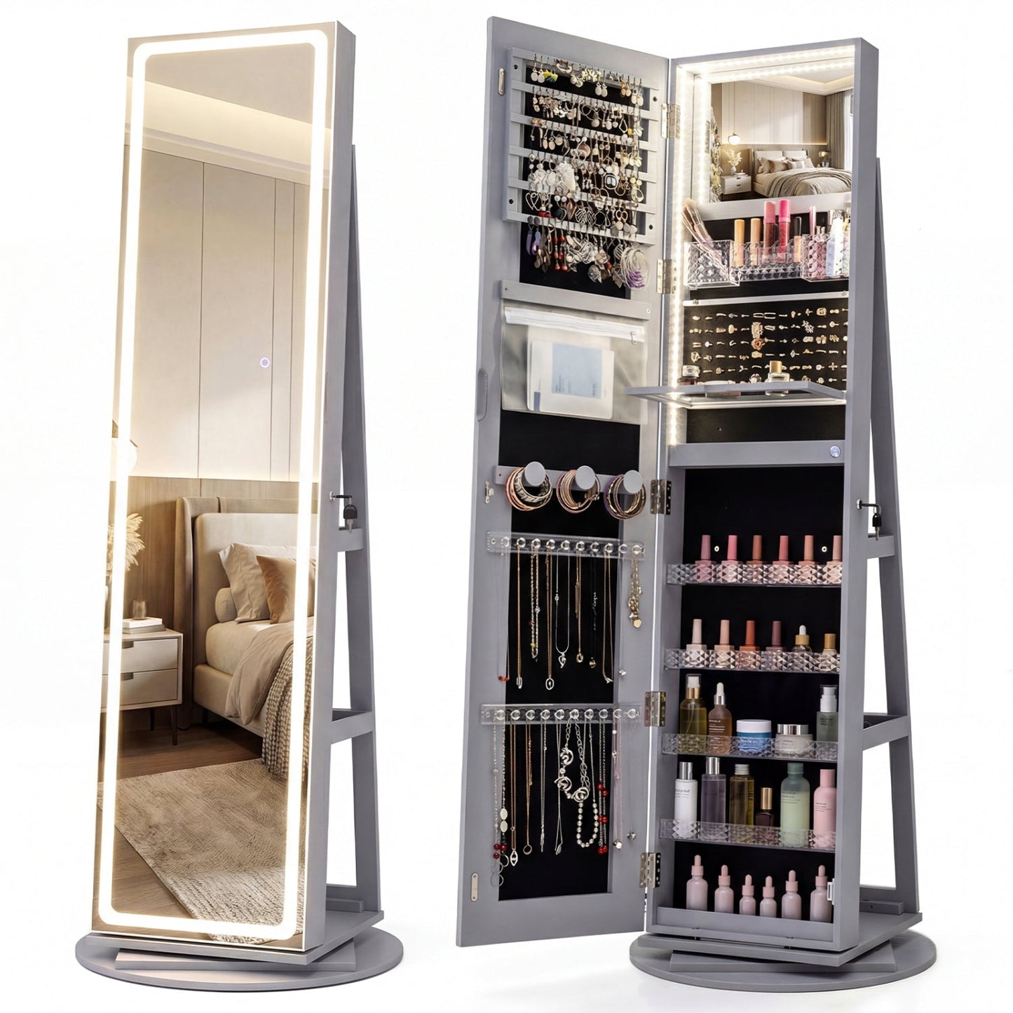 Standing Jewelry Cabinet with Adjustable LED Lights-Black
