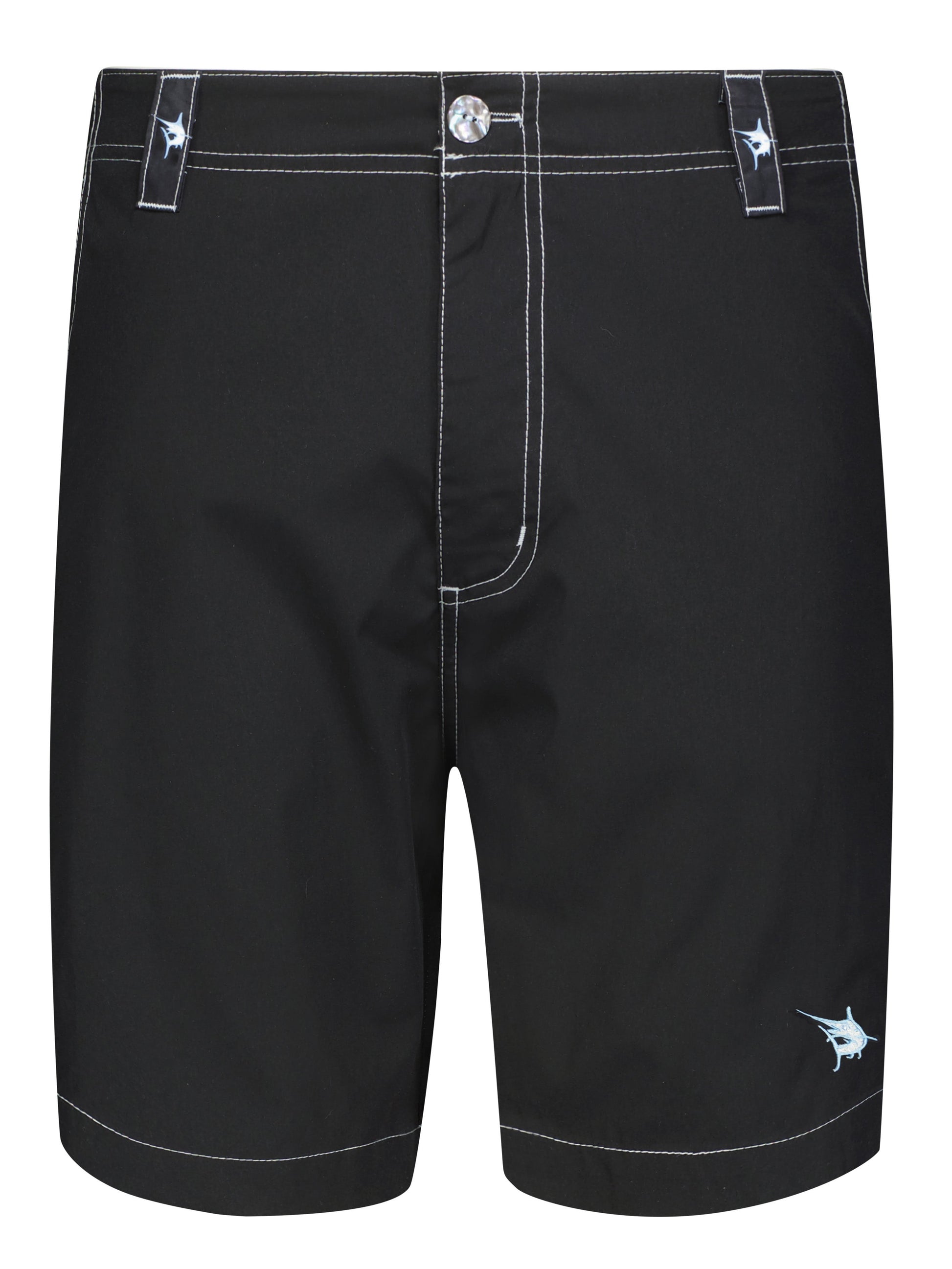 Starboard Shorts by White Water Life, black shorts with stitching and belt loops, sailfish logo on Tampa Home & Garden Store