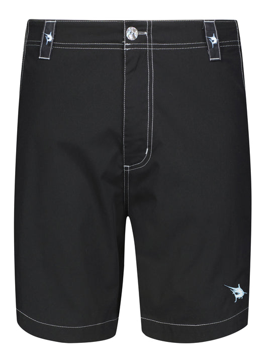 Starboard Shorts by White Water Life, black shorts with stitching and belt loops, sailfish logo on Tampa Home & Garden Store
