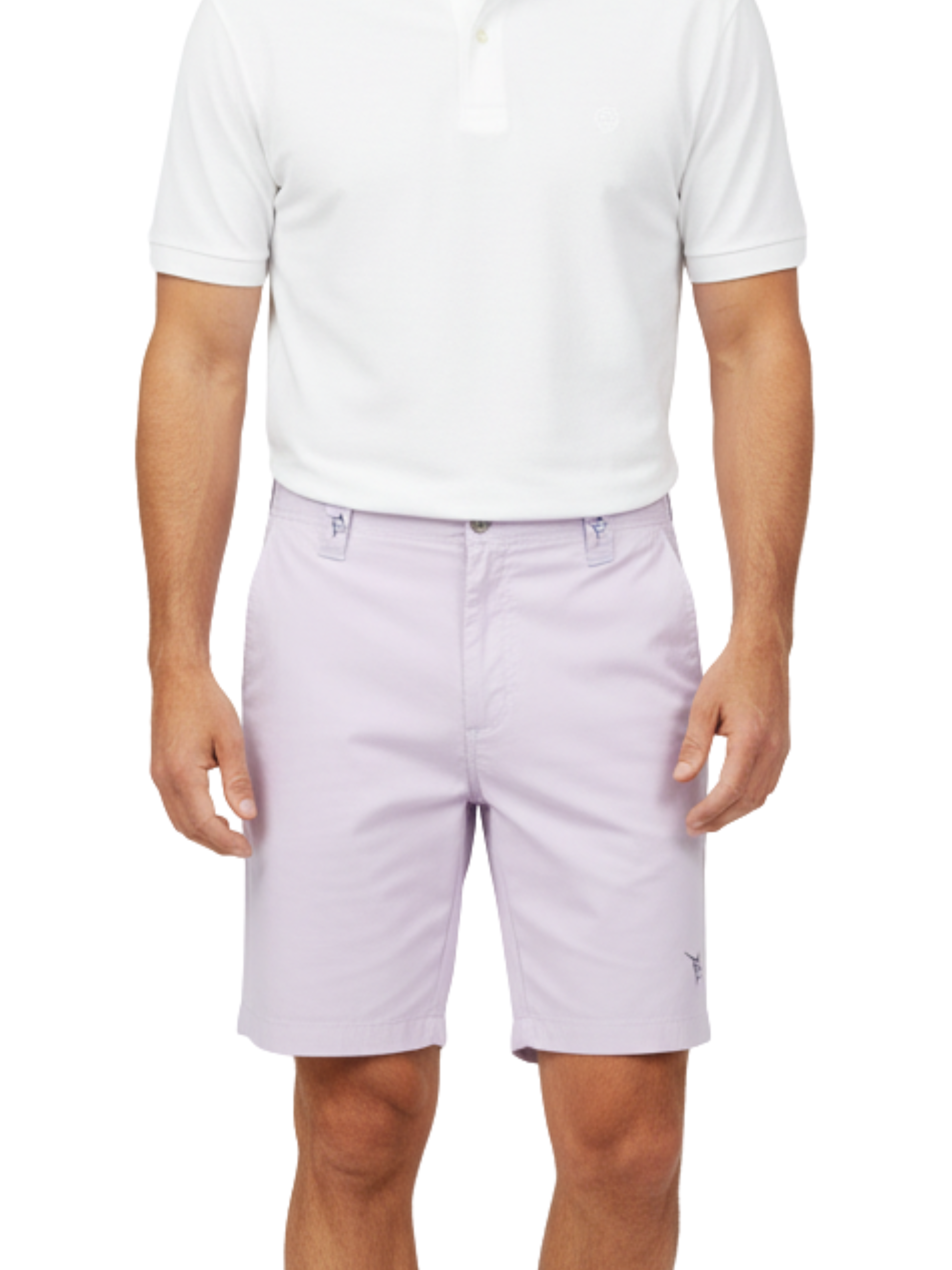 Starboard Shorts by White Water Life in pastel lavender color worn by a man in a white polo on Tampa Home & Garden Store
