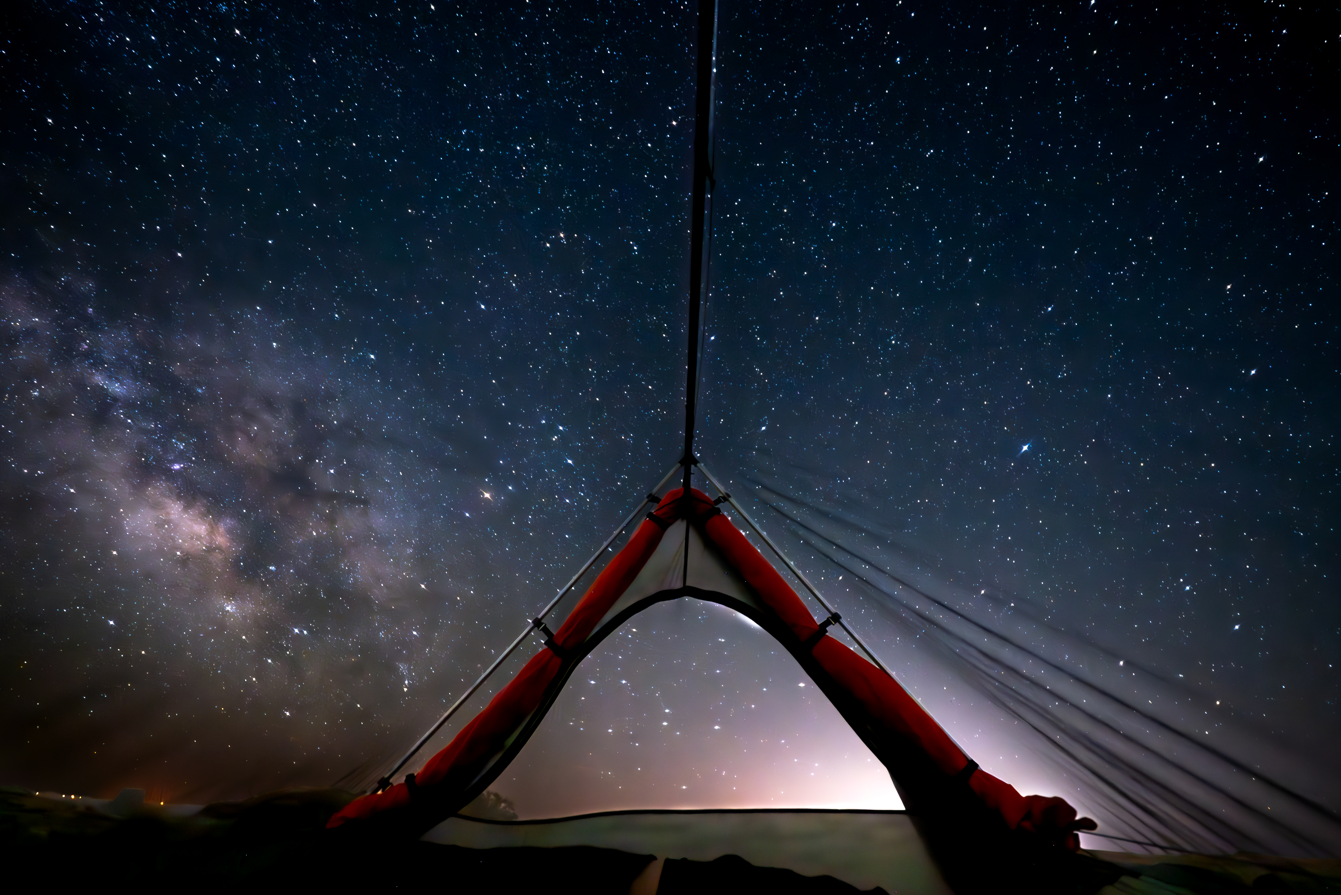 Sky View XL Tent red frame pitched under a starry night sky by Sky View Tents on Tampa Home & Garden Store