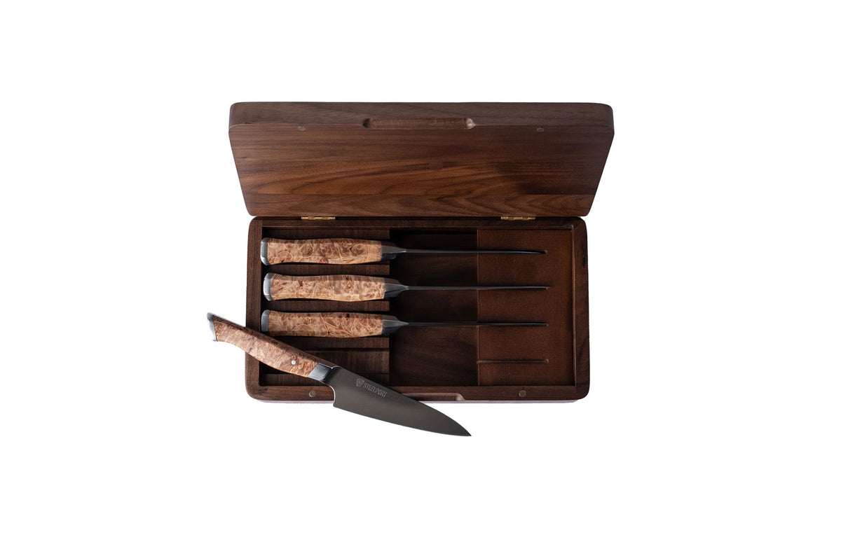 STEELPORT Knife Co steak knife set in dark wood box with burl wood handles, 5-piece on Tampa Home & Garden Store