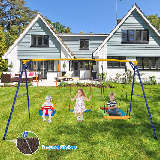 660 LBS Heavy Duty Carbon Steel Swing Frame with 3 Swings-Yellow - Tampa Home & Garden Store