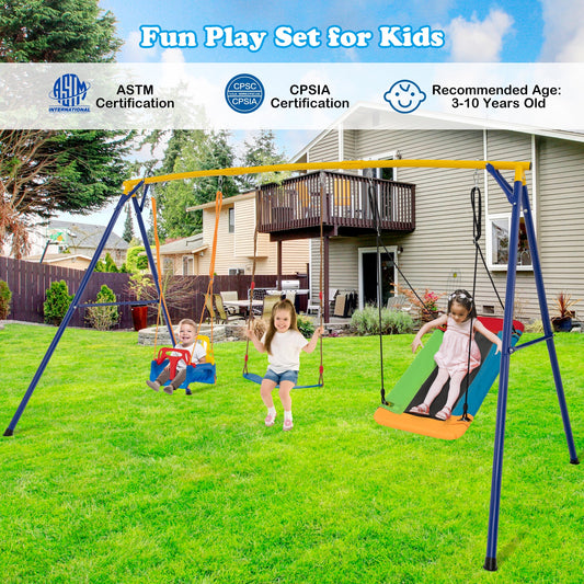 660 LBS Heavy Duty Carbon Steel Swing Frame with 3 Swings-Yellow - Tampa Home & Garden Store