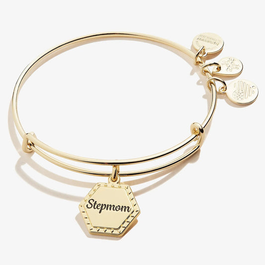 Stepmom You're In My Heart charm bangle in gold with hex and disc charms by ALEX AND ANI on Tampa Home & Garden Store