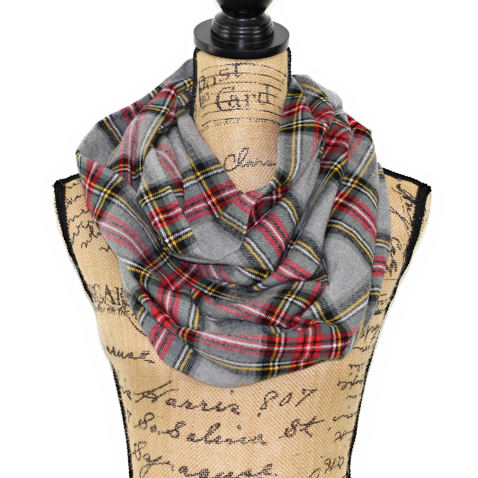 Stewart Tartan in Heather Gray with Sage Green and Red Flannel Plaid Infinity or Blanket Scarf - Tampa Home & Garden Store