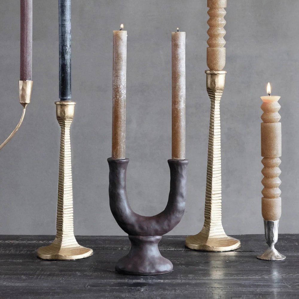 Stoneware Double Taper Candle Holder in Chocolate - Tampa Home & Garden Store