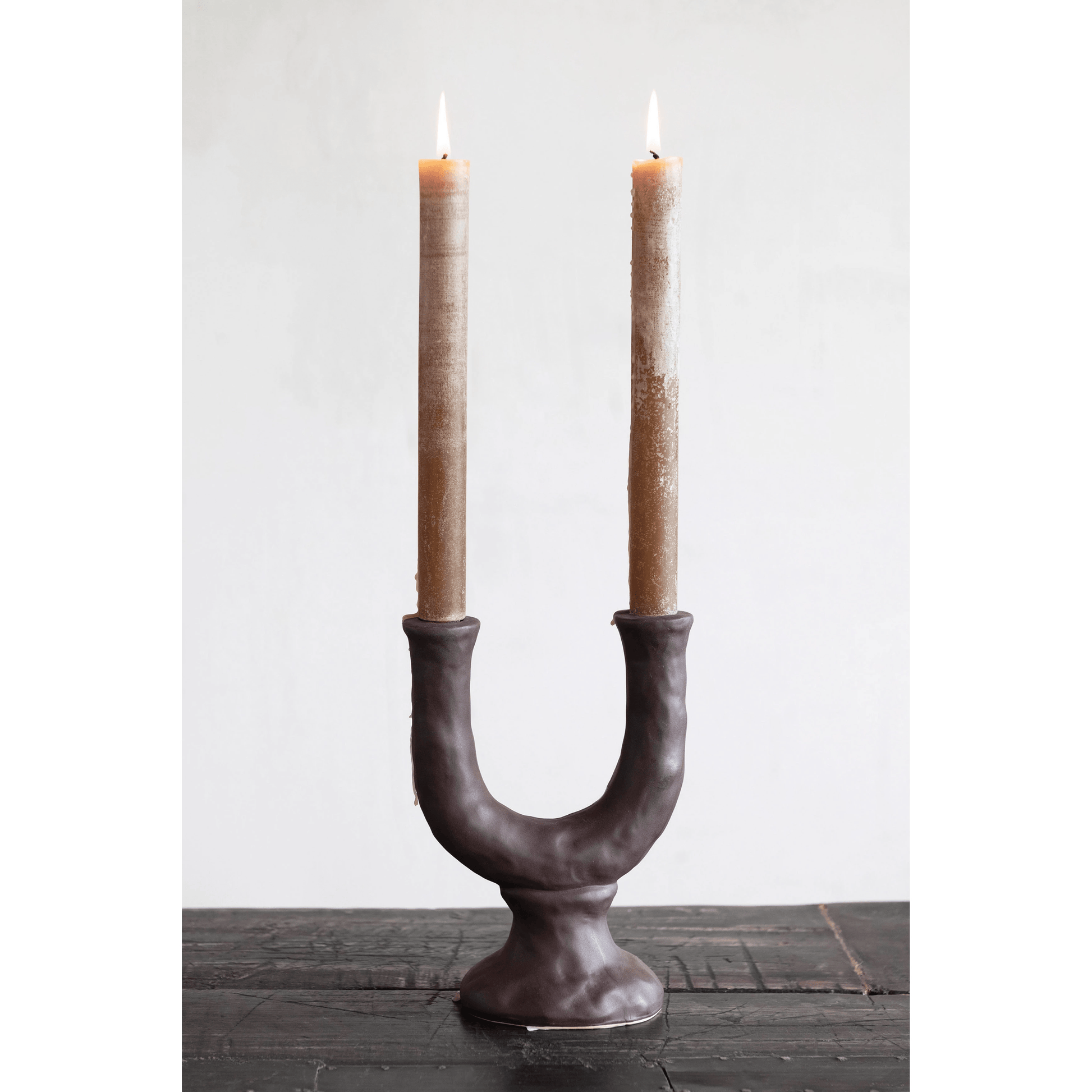 Stoneware Double Taper Candle Holder in Chocolate - Tampa Home & Garden Store
