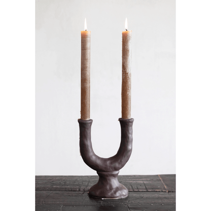 Stoneware Double Taper Candle Holder in Chocolate - Tampa Home & Garden Store