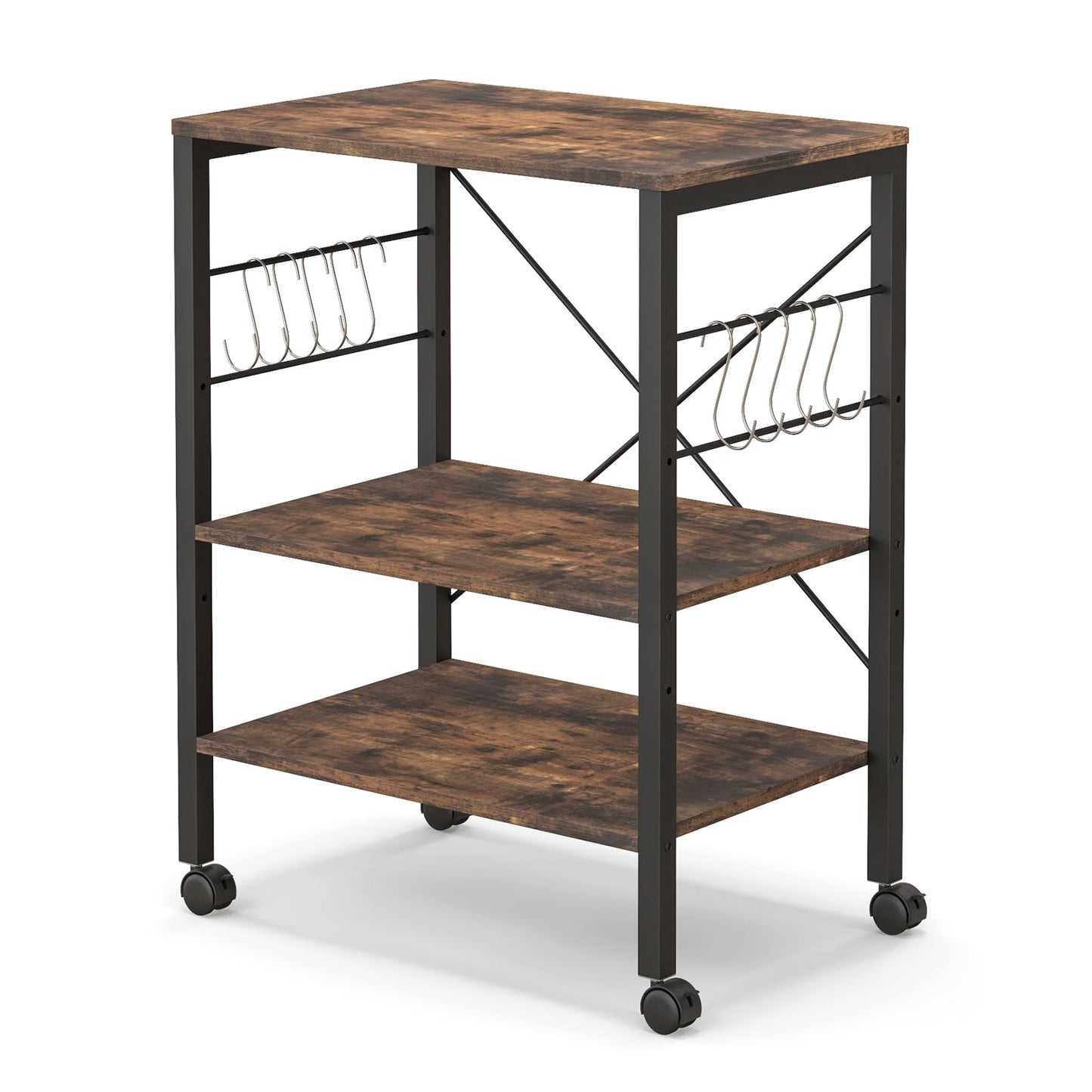 Estante de cocina de 3 niveles para panadero, carrito de almacenamiento para horno microondas con ganchos, marrón rústico