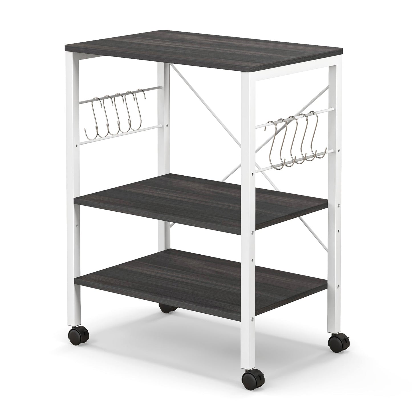 Estante de cocina de 3 niveles para panadero, carrito de almacenamiento para horno microondas con ganchos, marrón rústico