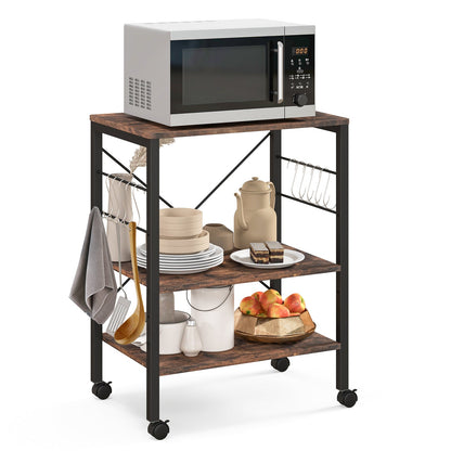 Estante de cocina de 3 niveles para panadero, carrito de almacenamiento para horno microondas con ganchos, marrón rústico