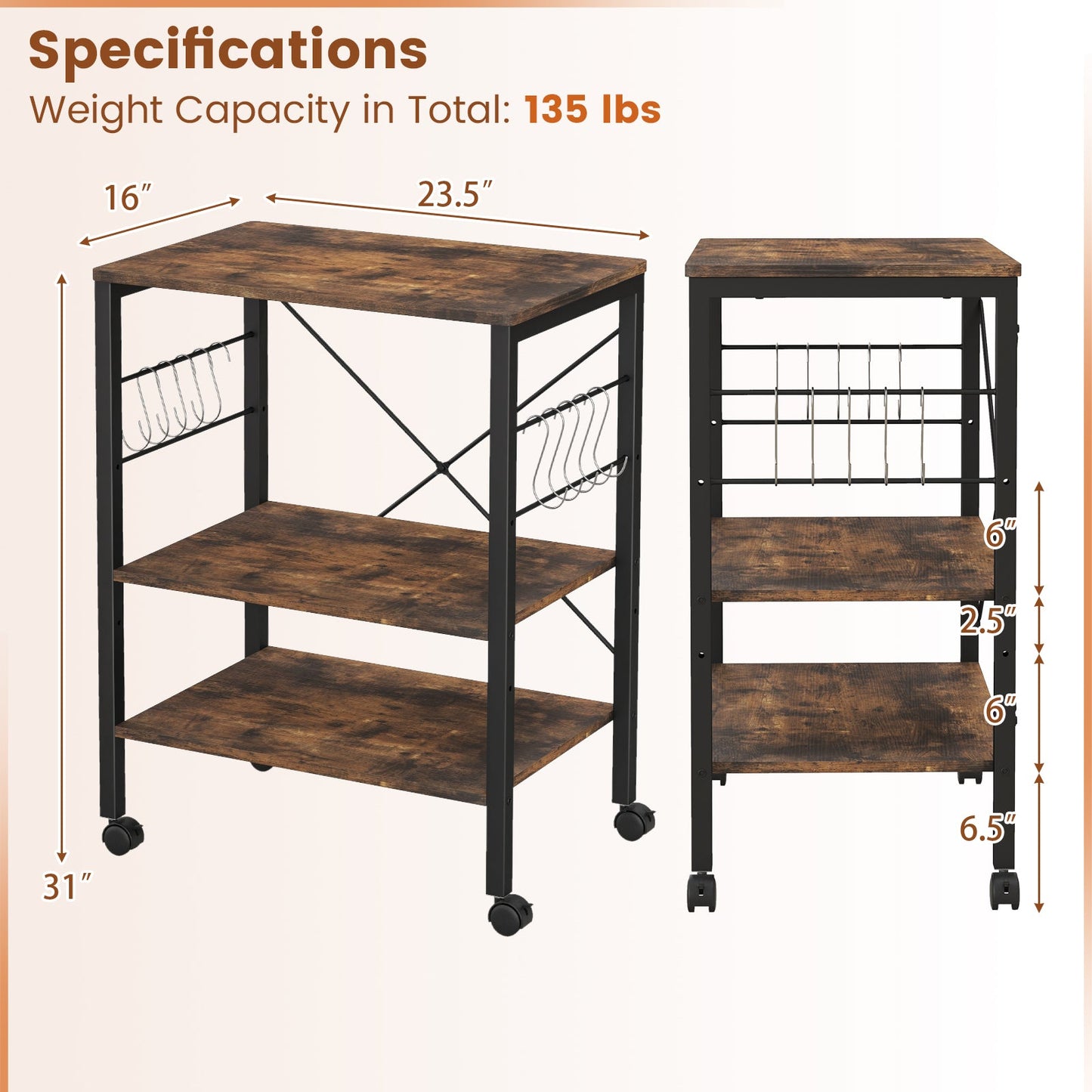 Estante de cocina de 3 niveles para panadero, carrito de almacenamiento para horno microondas con ganchos, marrón rústico