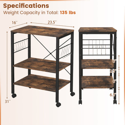 Estante de cocina de 3 niveles para panadero, carrito de almacenamiento para horno microondas con ganchos, marrón rústico