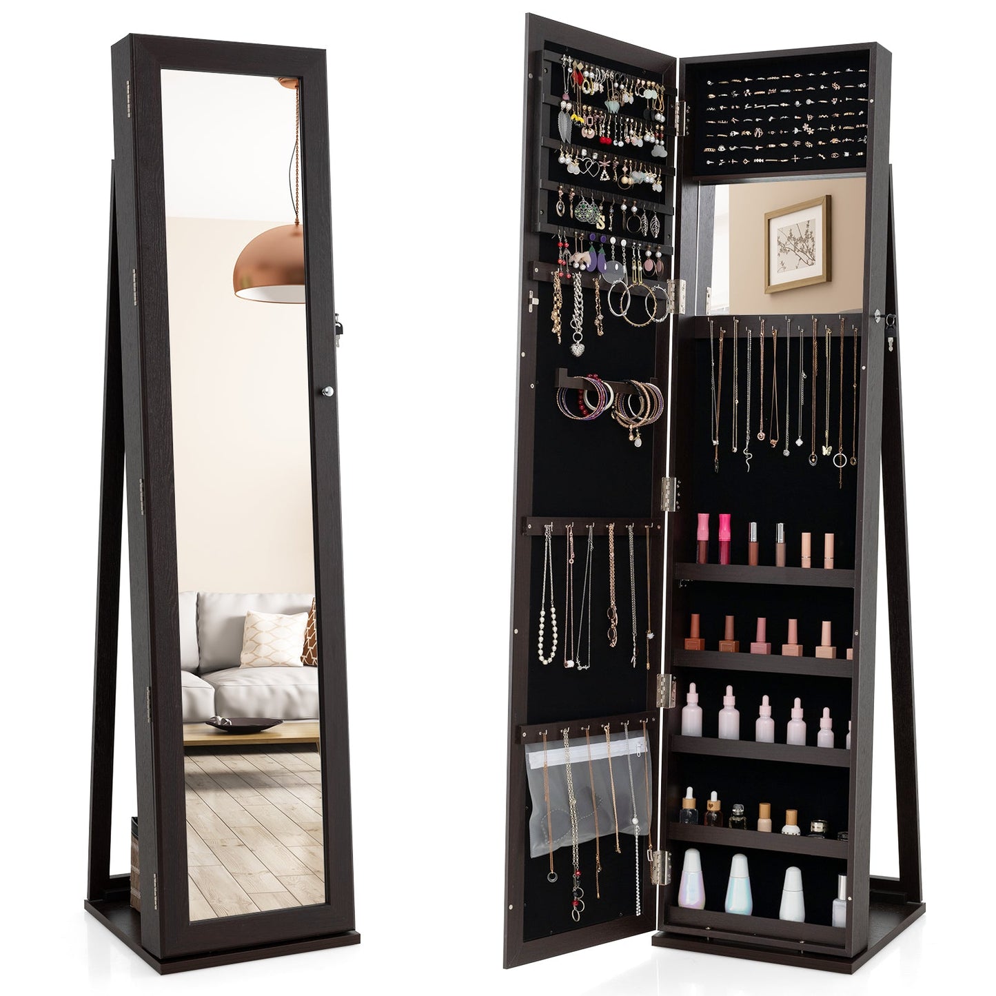 Organizador de Joyas Vertical con Cerradura y Espejo de Cuerpo Entero - Marrón