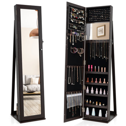 Organizador de Joyas Vertical con Cerradura y Espejo de Cuerpo Entero - Marrón