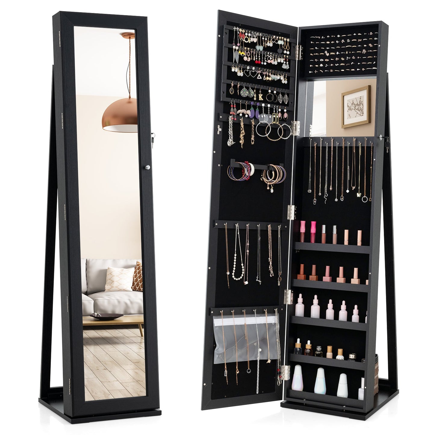 Organizador de Joyas Vertical con Cerradura y Espejo de Cuerpo Entero - Marrón