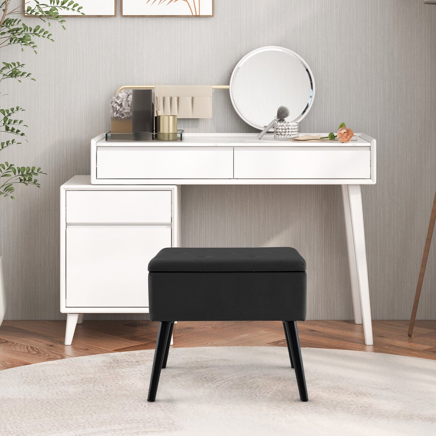Puf de almacenamiento de terciopelo con patas de madera maciza para sala de estar/dormitorio - Negro