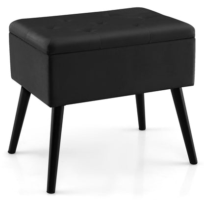 Puf de almacenamiento de terciopelo con patas de madera maciza para sala de estar/dormitorio - Negro