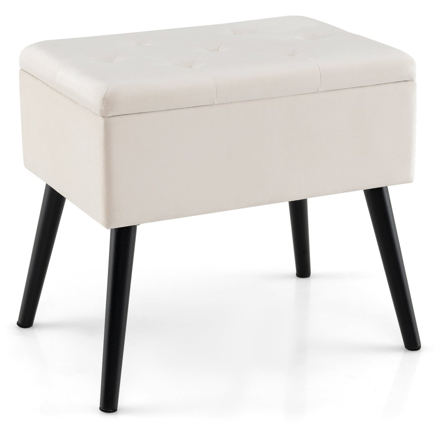 Puf de almacenamiento de terciopelo con patas de madera maciza para sala de estar/dormitorio - Negro