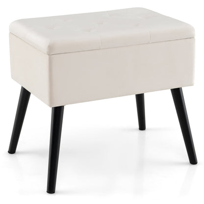 Puf de almacenamiento de terciopelo con patas de madera maciza para sala de estar/dormitorio - Negro