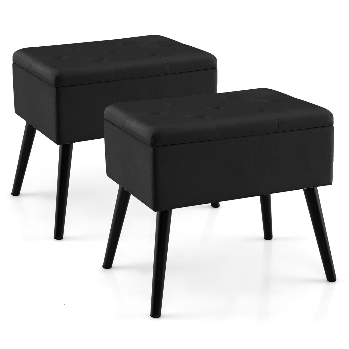 Puf de almacenamiento de terciopelo con patas de madera maciza para sala de estar/dormitorio - Negro
