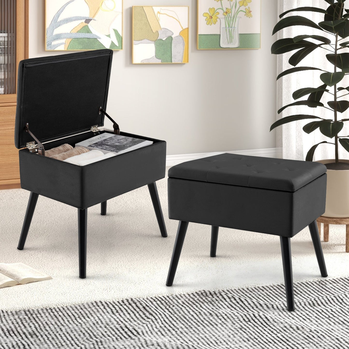 Puf de almacenamiento de terciopelo con patas de madera maciza para sala de estar/dormitorio - Negro