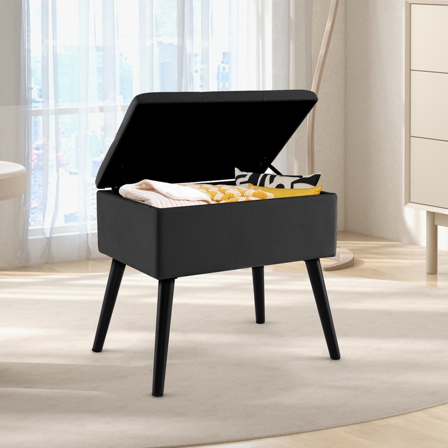 Puf de almacenamiento de terciopelo con patas de madera maciza para sala de estar/dormitorio - Negro