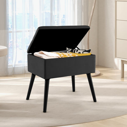 Puf de almacenamiento de terciopelo con patas de madera maciza para sala de estar/dormitorio - Negro