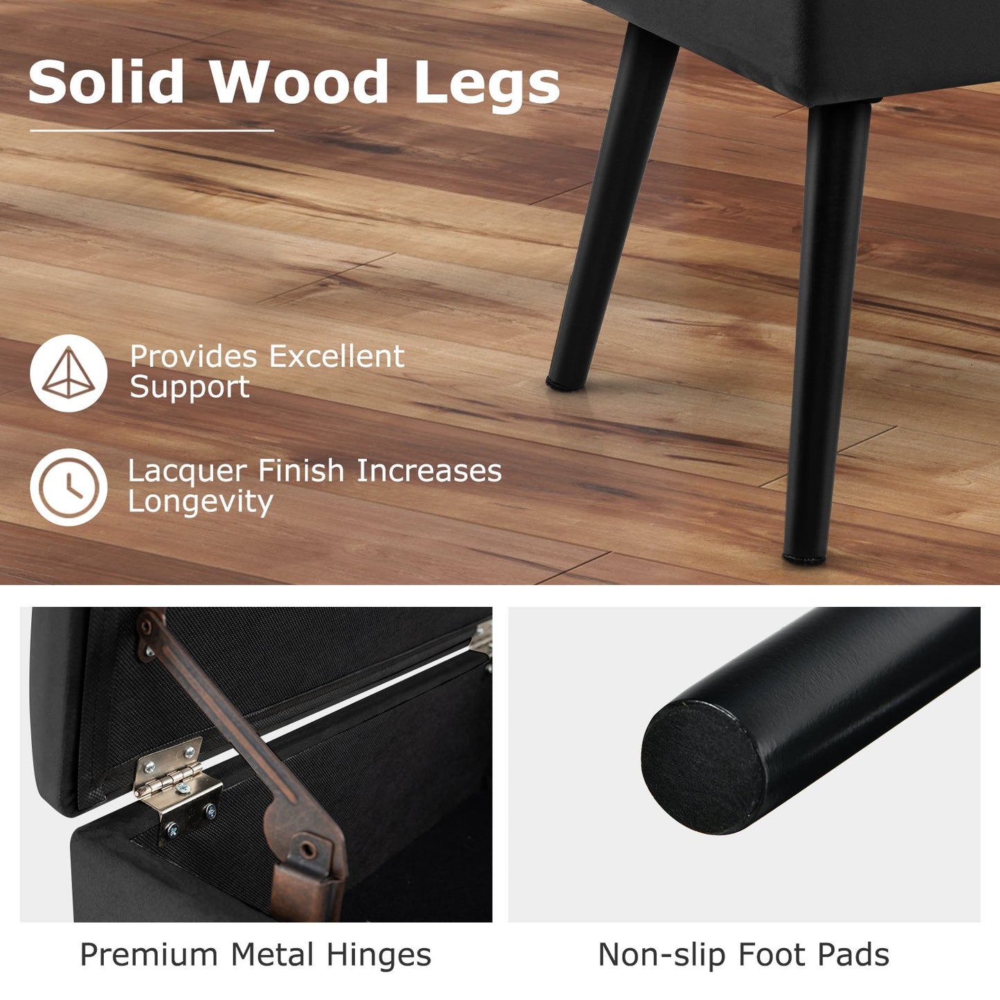 Puf de almacenamiento de terciopelo con patas de madera maciza para sala de estar/dormitorio - Negro