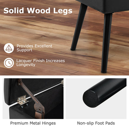 Puf de almacenamiento de terciopelo con patas de madera maciza para sala de estar/dormitorio - Negro