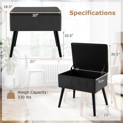 Puf de almacenamiento de terciopelo con patas de madera maciza para sala de estar/dormitorio - Negro