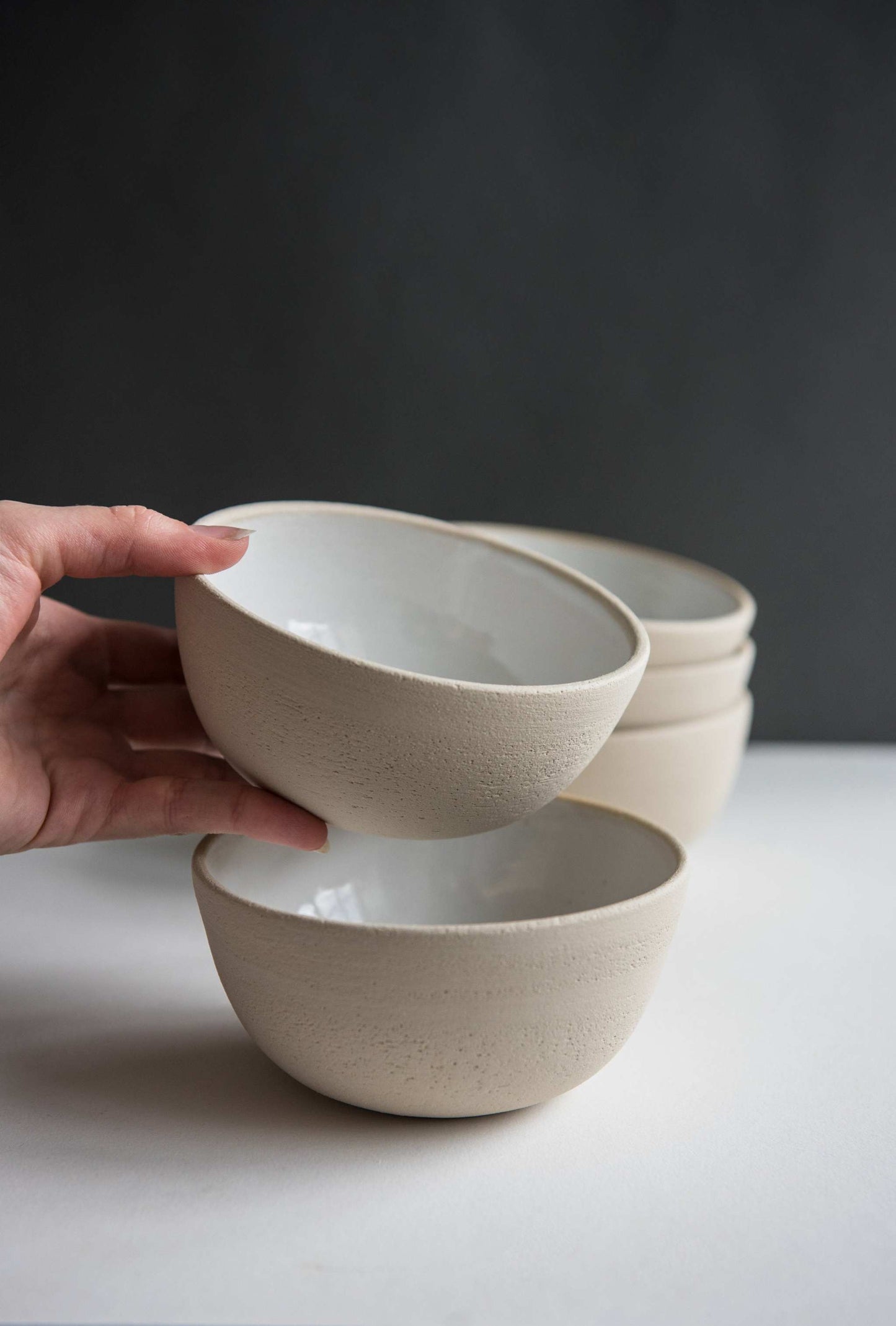 Handmade White Stoneware and Textured Bowl