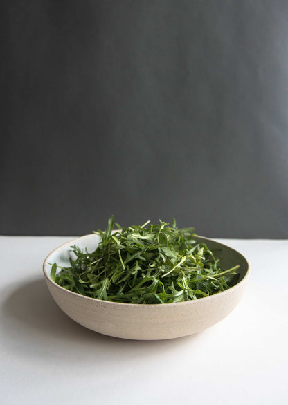Handmade stoneware pasta bowl by Creating Comfort in beige glaze with greens on Tampa Home & Garden Store