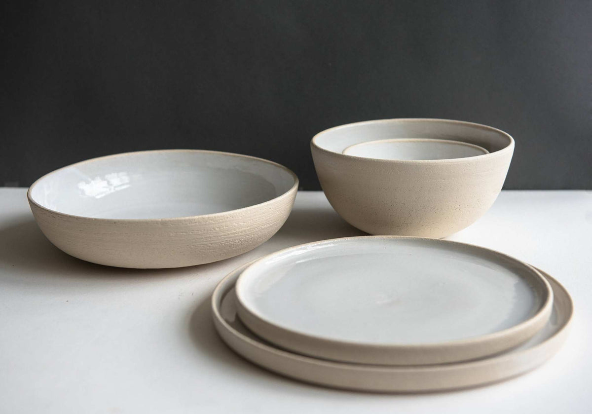Handmade stoneware pasta bowls set of 3 in beige exteriors with light gray interiors on Tampa Home & Garden Store