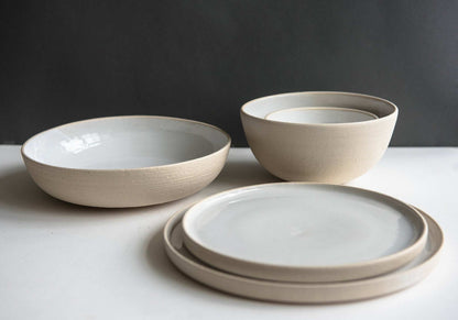 Handmade stoneware pasta bowls set of 3 in beige exteriors with light gray interiors on Tampa Home & Garden Store