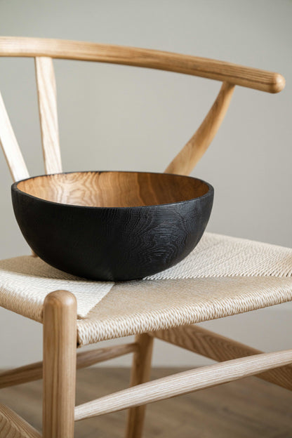 Hand carved half-charred wooden bowl CREATING COMFORT, black exterior, natural interior on Tampa Home & Garden Store