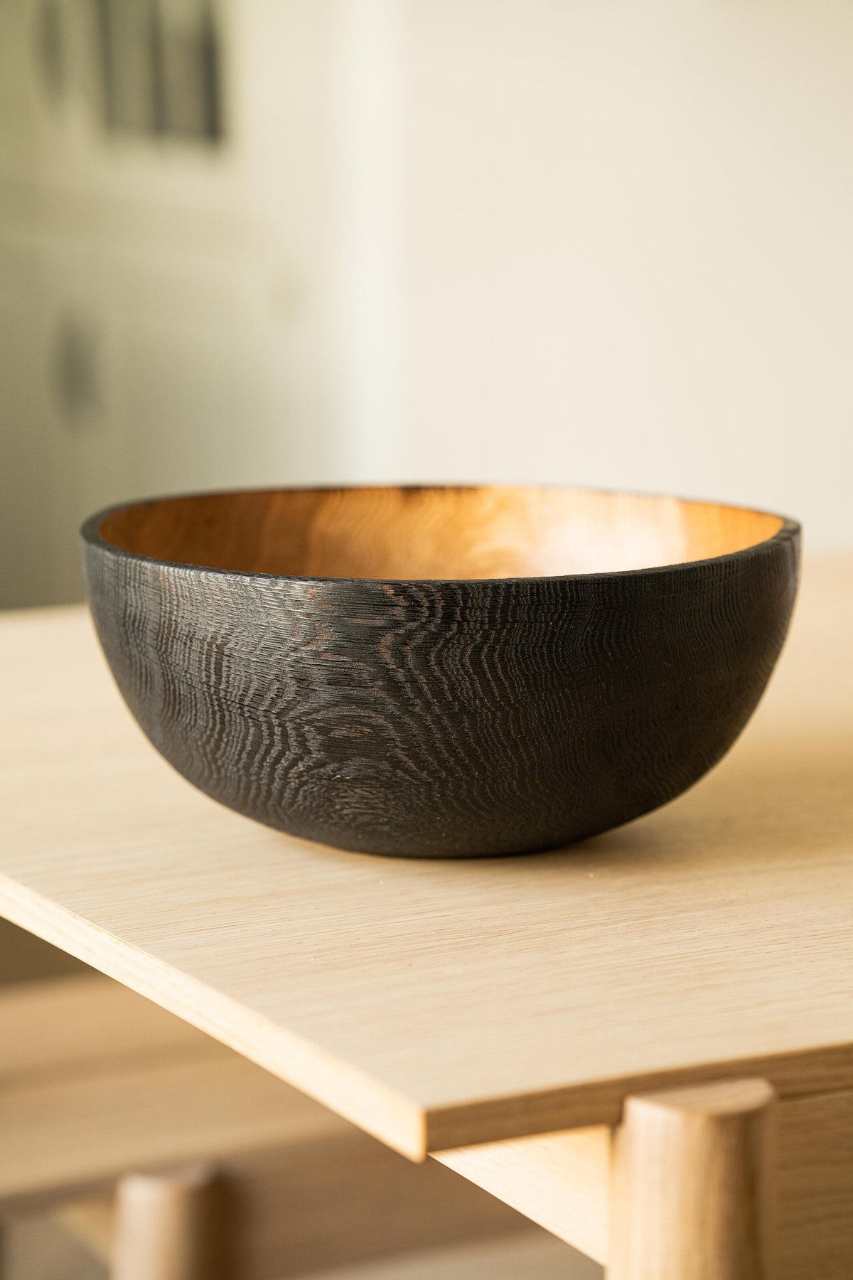 Hand Carved Large Charred Wooden Bowl by Creating Comfort, black exterior, warm interior on Tampa Home & Garden Store