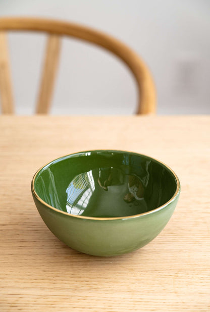 Handmade Green Porcelain Bowl with a Gold Rim