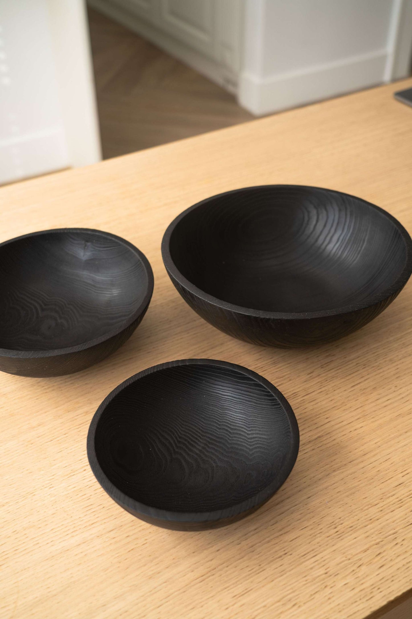 Hand Carved Charred Ash Wood Salad Bowl Set