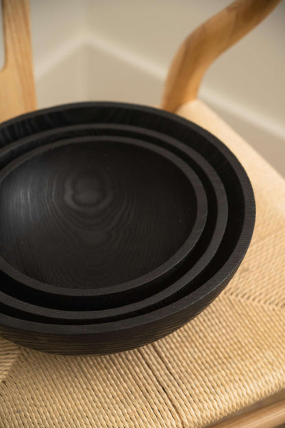 Hand Carved Charred Ash Wood Salad Bowl Set