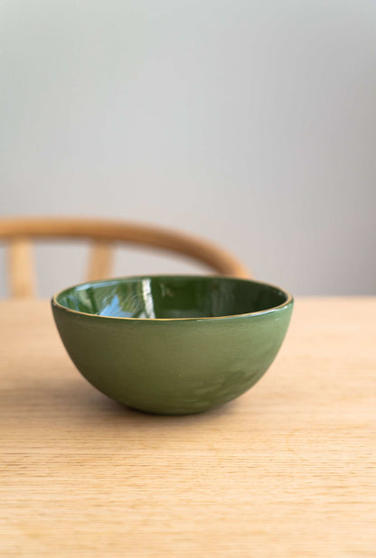 Handmade Green Porcelain Bowl with a Gold Rim