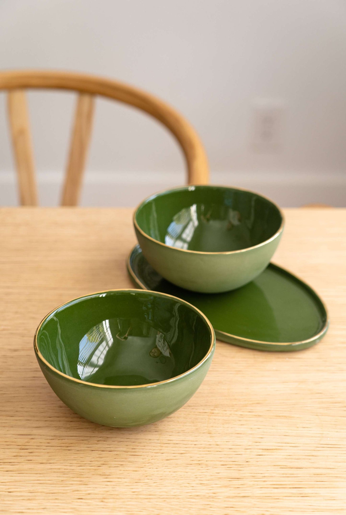 Handmade Green Porcelain Bowl with a Gold Rim