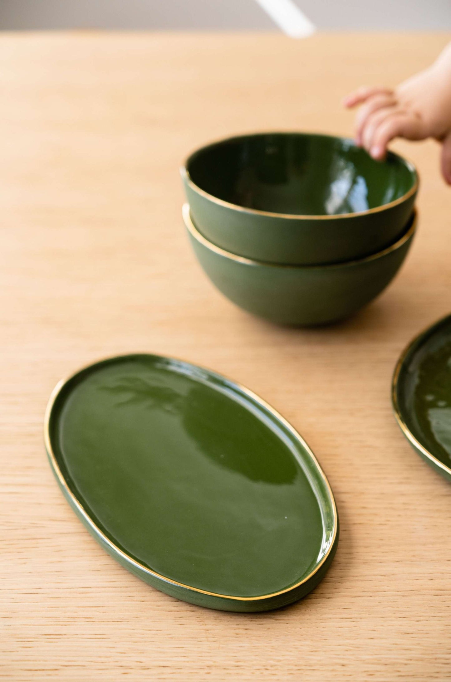 Green Porcelain Serving Platter and Gold Rim
