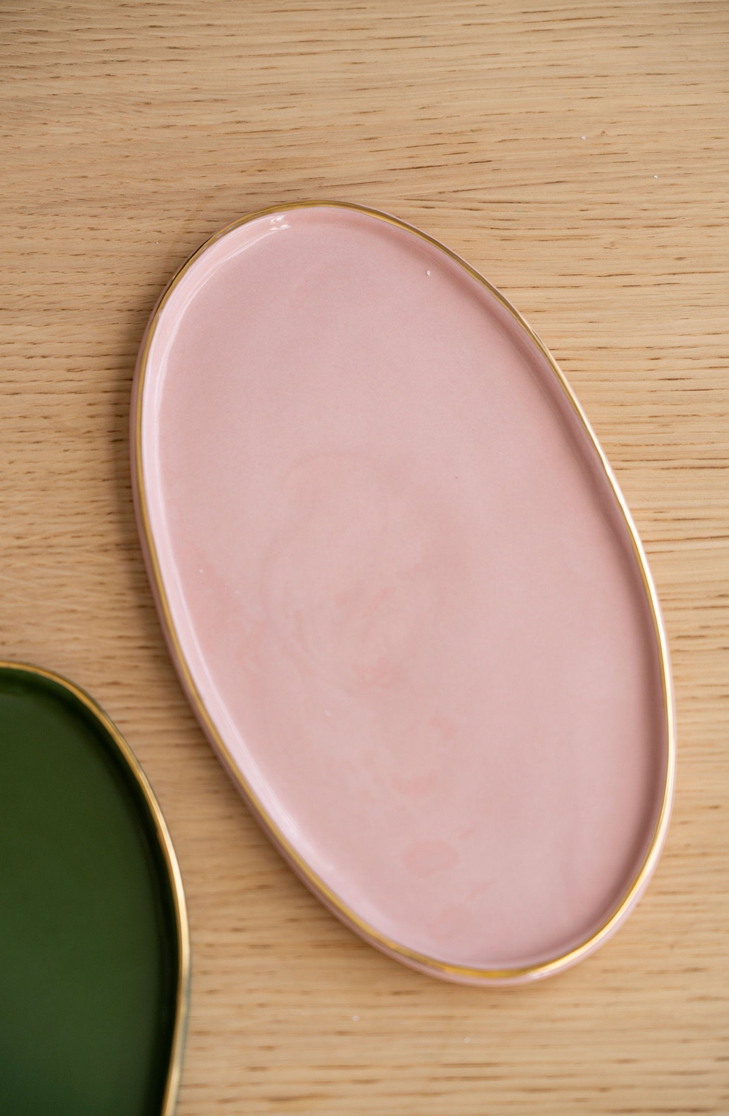 Handmade Oval Porcelain Platter and Gold Rim Pink
